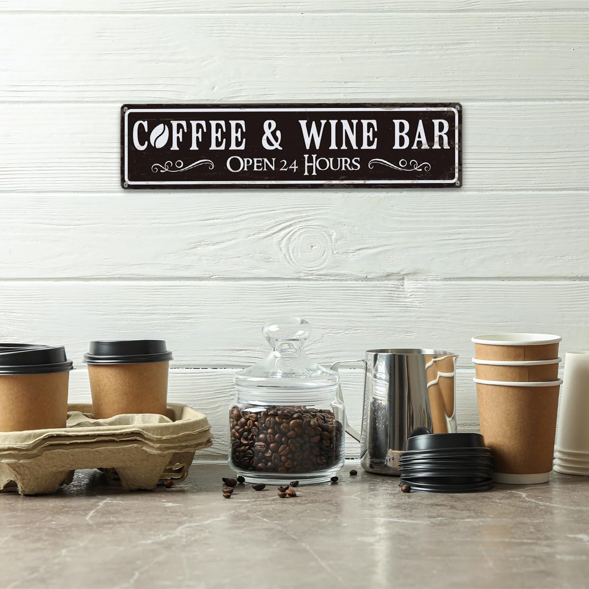 Coffee and Wine Bar Decor, Coffee & Wine Bar Open 24 Hours Sign, Retro Metal Tin Sign, Rustic Farmhouse Wall Decoration, Vintage Home Decor for Kitchen, Coffees Station Decors, 15.8x4 Inches