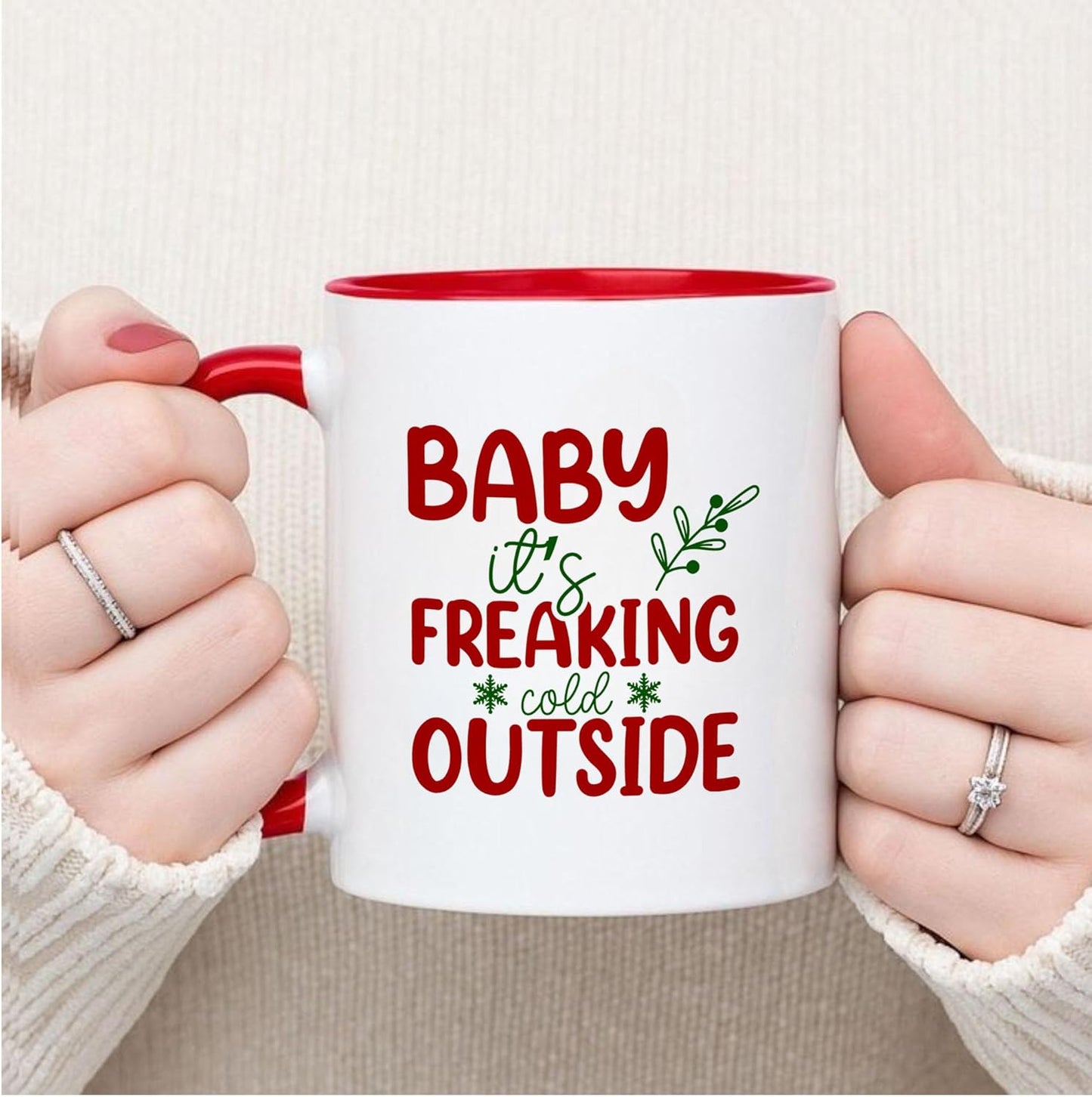Baby It's Freaking Cold Outside Funny Christmas Two-Tone Accent Ceramic Mugs, Xmas Holiday Coffee Cups, 11oz 15oz, Seasonal Gift Idea