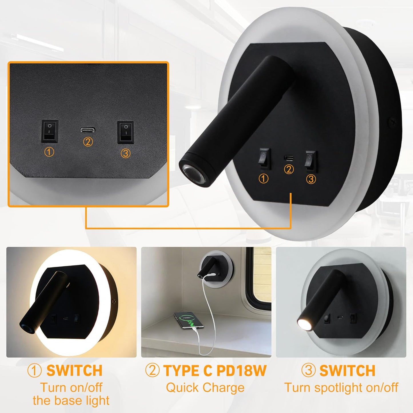 Facon 12V RV Wall Sconce Reading Light with w/18W USB-C Fast Charger, 270° Rotatable Spot Lights with Independent Switches, RV Interior Light for Bedroom, Camper, Trailer, Tiny Homes