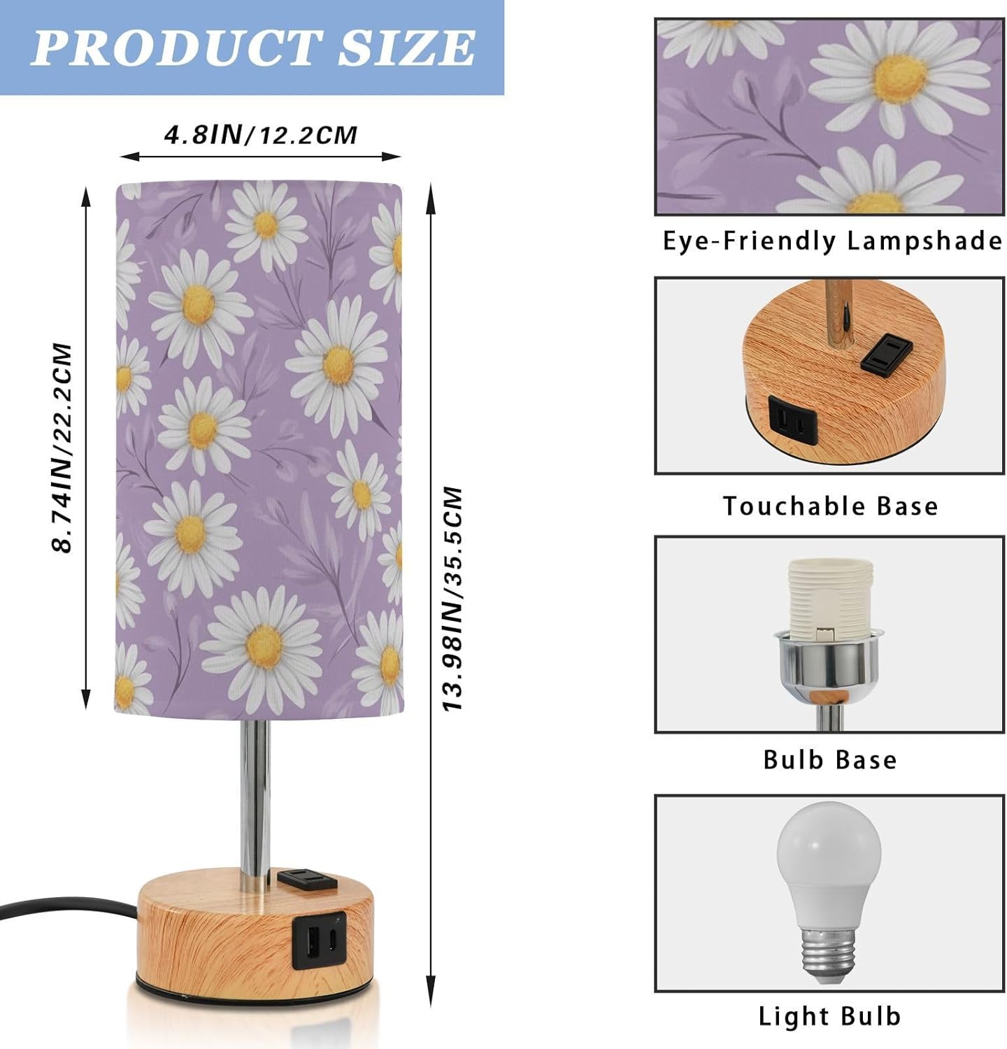 Dimmable White Daisy Flowers Lavender Leaves Table Lamp with 2 USB C Charging Ports & AC Outlet, Touch Lamps for Nightstand Bedside Small Lamp Night Stand Side Light for Bedroom/Desk, 14 in