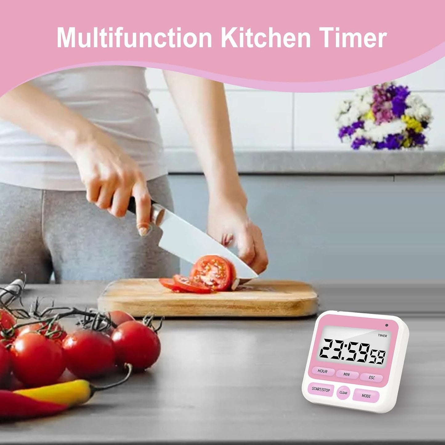 Multifunctional Kitchen Timer with Silent/Alert Mode, 24-Hour Clock, Memory Recall, Fast-Forward, and Magnetic Back for Cooking, Baking, Teaching (Red)