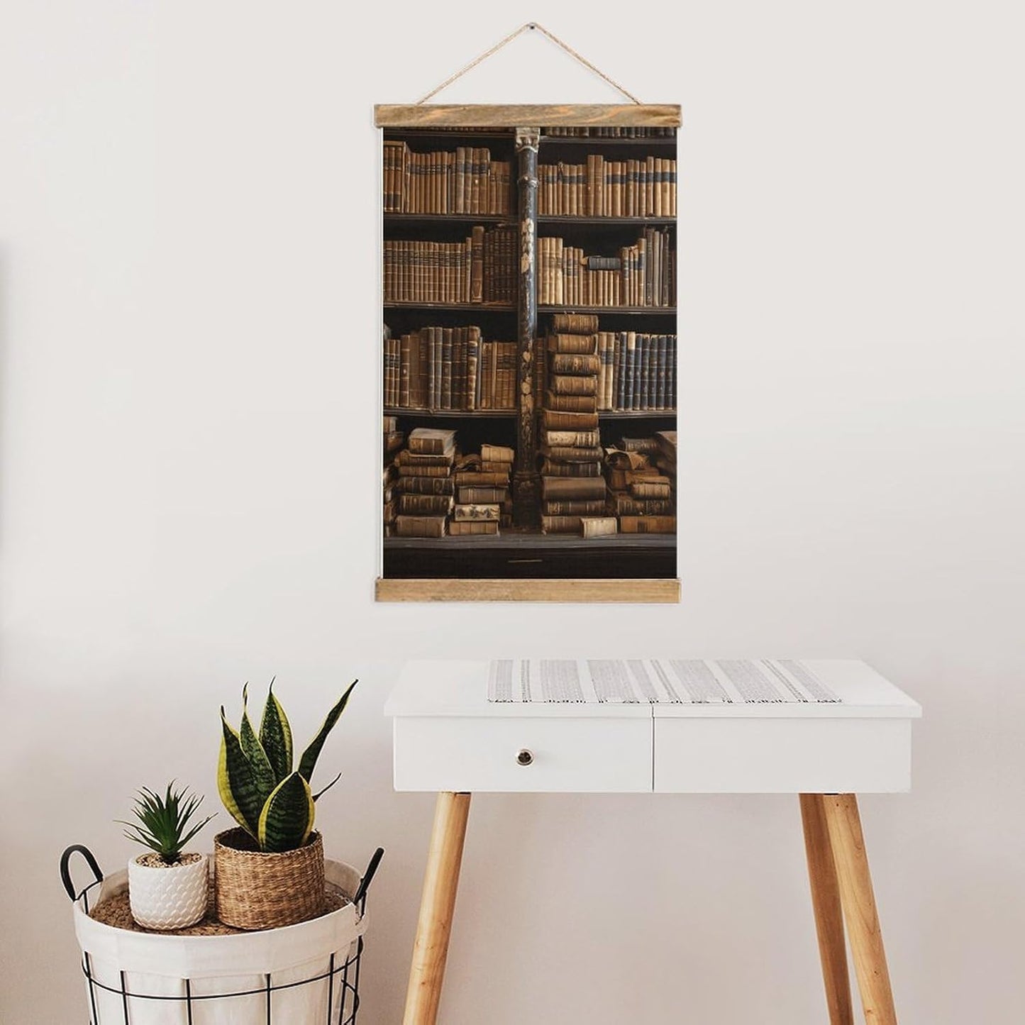 Vintage Old Books in Library Poster with Wooden Frame Personalized Linen Hanging Scroll Painting Rustic Wall Hanging Illustrative Modern Artwork Decor for Home Living Room Bedroom Office