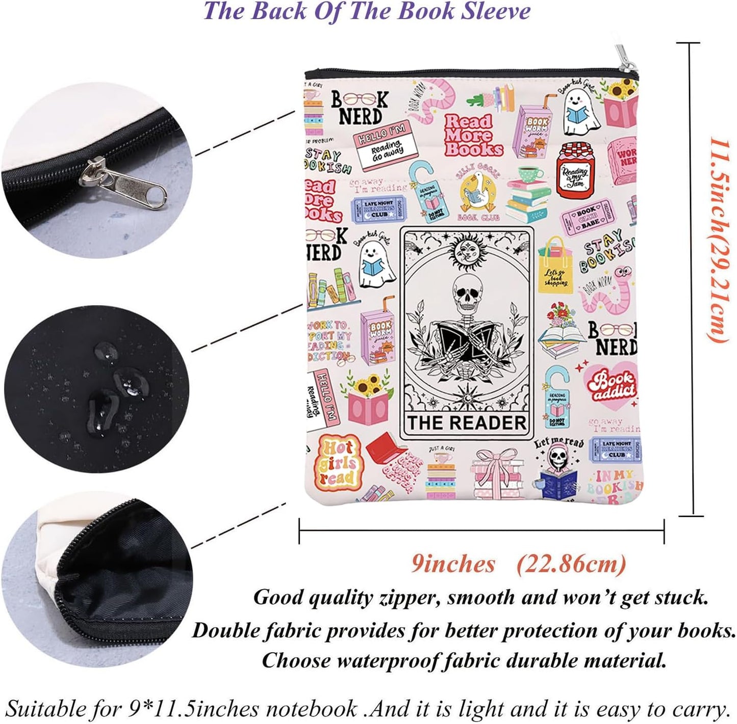 The Reader Book Sleeve Tarot Card Reader Inspired Book Cover Bookish Book Lovers Reading Gift Gothic Romance Gift Skeleton Zipper Pouch (TheReaderFullBS)