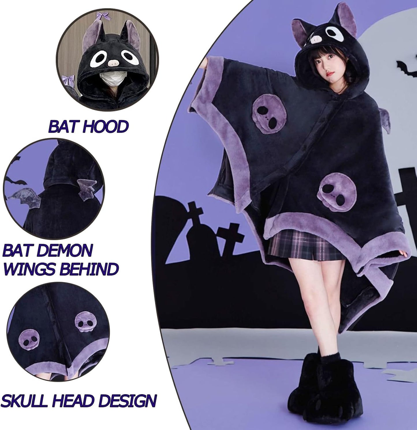 Cute Halloween Wearable Blanket Hoodie Free Size for Adults Devil Bat Hooded Blanket Oversized Soft Sherpa Hoodie Women Throw Cloak Wrap with Demon Wings for Men Child Student,A