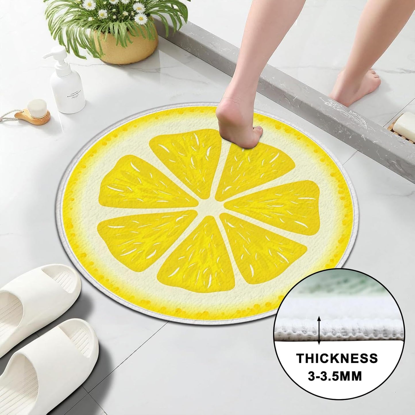 Lemon Bath Rug,Fresh Fruit Design Round Carpet Non-Slip Floor Mat,Soft Absorbent Shaped Area Rugs,Doormats Decor for Women Adults Bathroom Bedroom Bathtub,Summer Ideal Gifts,21.26x21.26in