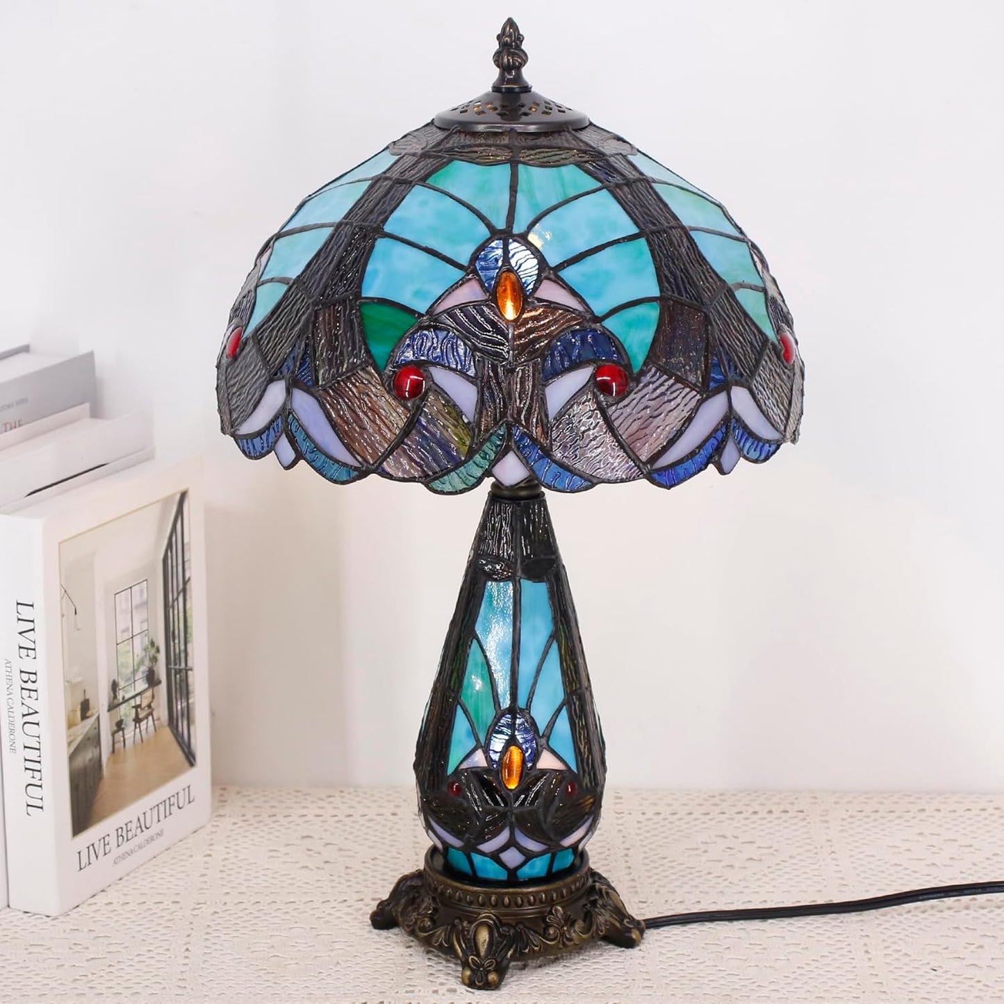 Tiffany Lamp Stained Glass Table Lamp 12X19 Inches Mother Daughter Vase Desk Accent Night Light for Bedroom Bedside Reading Home Antique Style (Green Liaison)