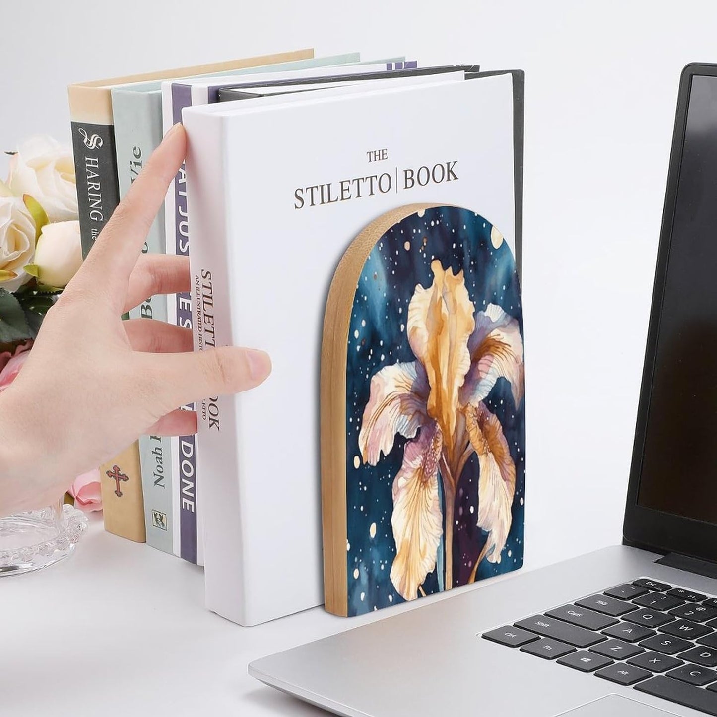 Iris Flower Image Bookend for Shelves Wooden Book End Large Size Sturdy Book Holders Stoppers with Metal Base for Bookshelves Slick Decorative Bookends Stands