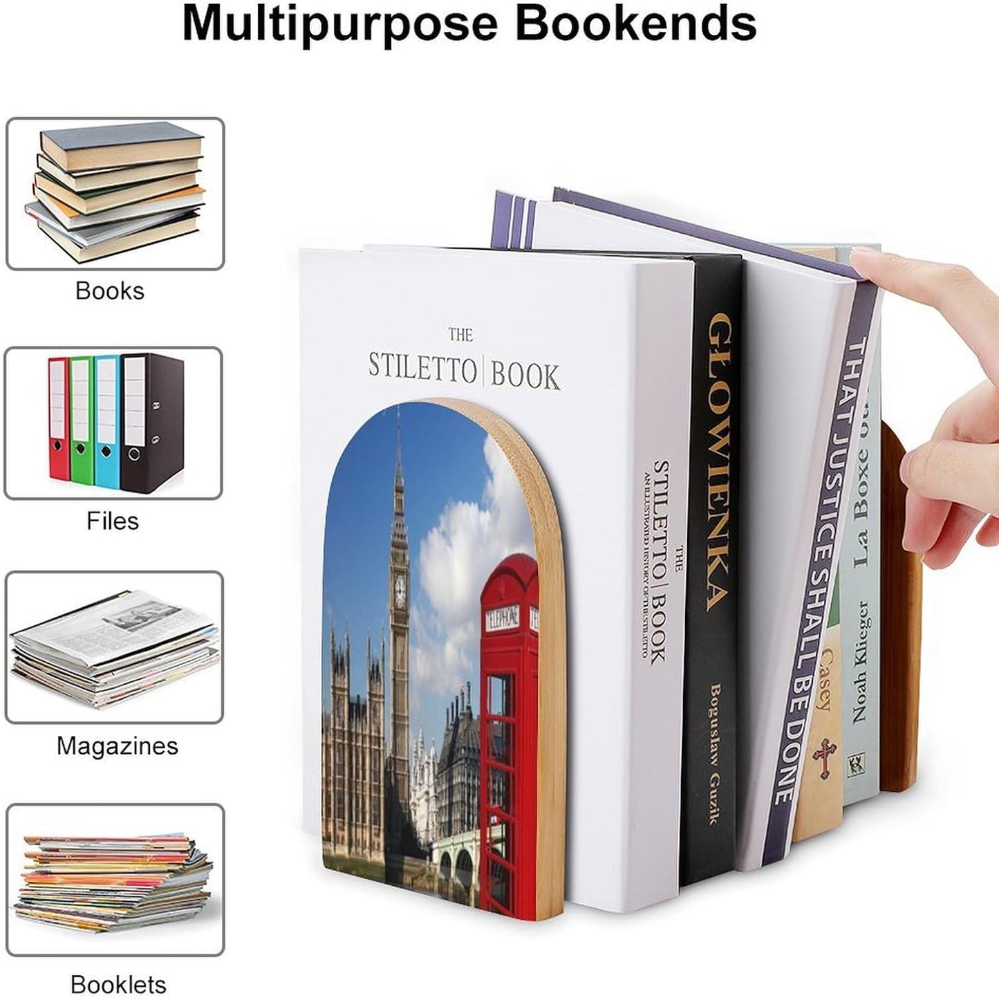 London Big Ben Wooden Bookend Non-Slip Book Ends Heavy Duty Book Stopper with Metal Base Books Holderd Decorative Bookends Stands Firmly for Office Supplies