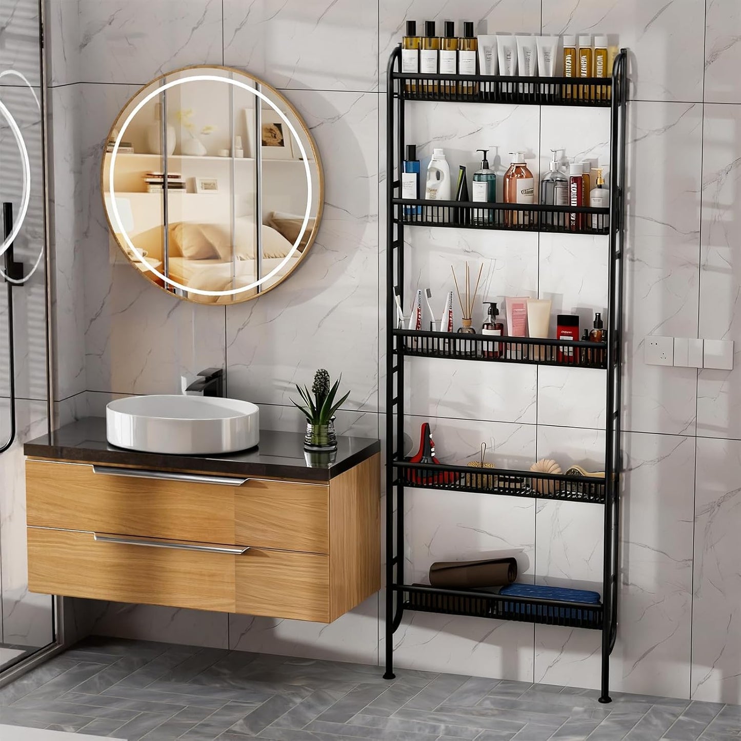 NECHEGE Slim Shelf Behind Door Storage Rack, 5-Tier Multi-Purpose Space-Saving Organizer for Bathroom, Kitchen, Living Room-Sturdy Metal Bookshelf for Narrow Spaces