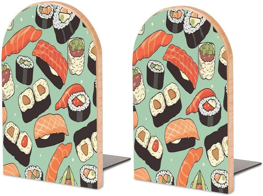 Non-Slip Bookend for Shelves Sushi Food Pattern Wooden Bookends with Metal Base Decorative Book Stopper for Home Heavy Duty Wood Book Storage for Books/CDs