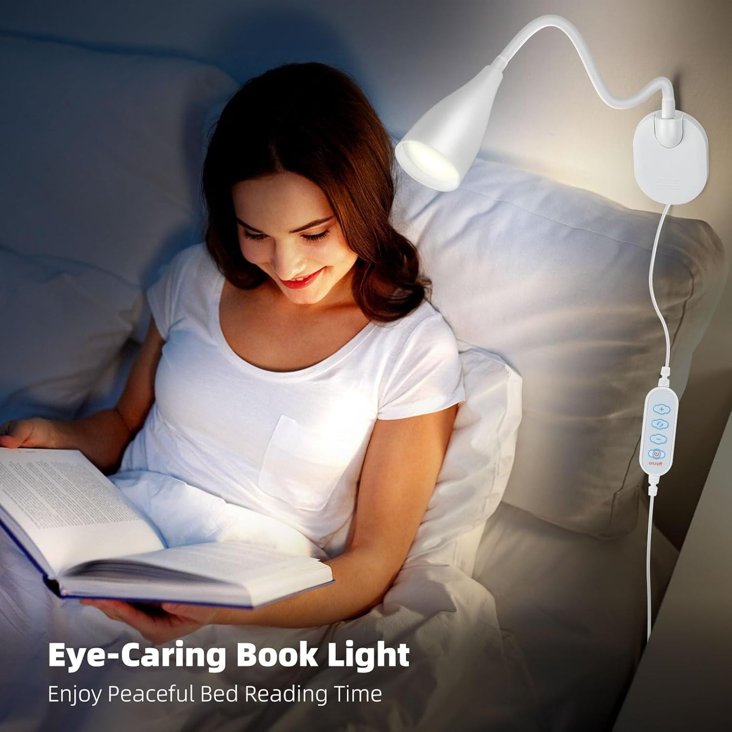 Wall-Mounted LED Bedside Reading Light with USB Charging Port, 10-Level Dimmable & Adjustable 5 Color, Plug-in Adhesive Night Lamp for Books in Bed, Eye-Caring Bedroom Lighting (White 2 Pack)
