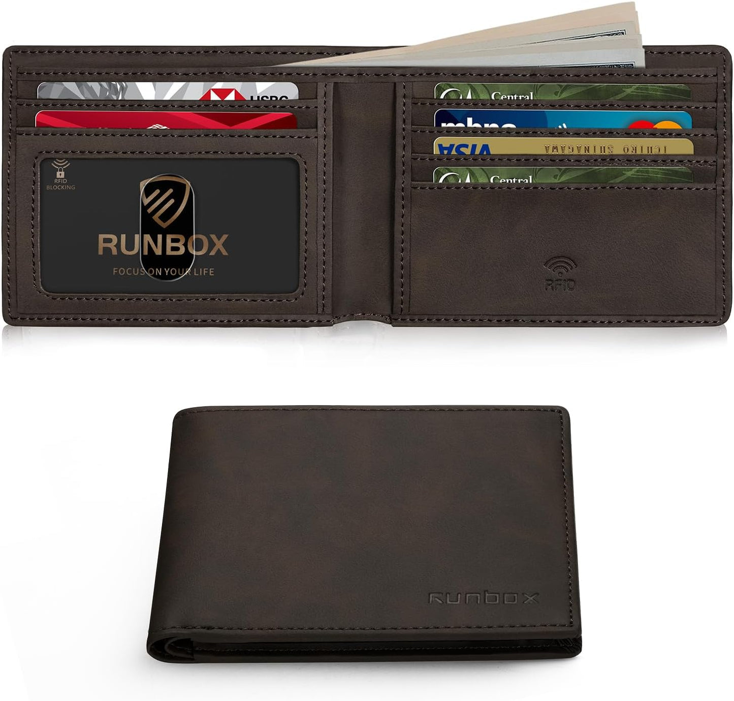 RUNBOX Wallet for Men Slim Leather Bifold RFID Blocking Minimalist Front Pocket Design with Gift Box