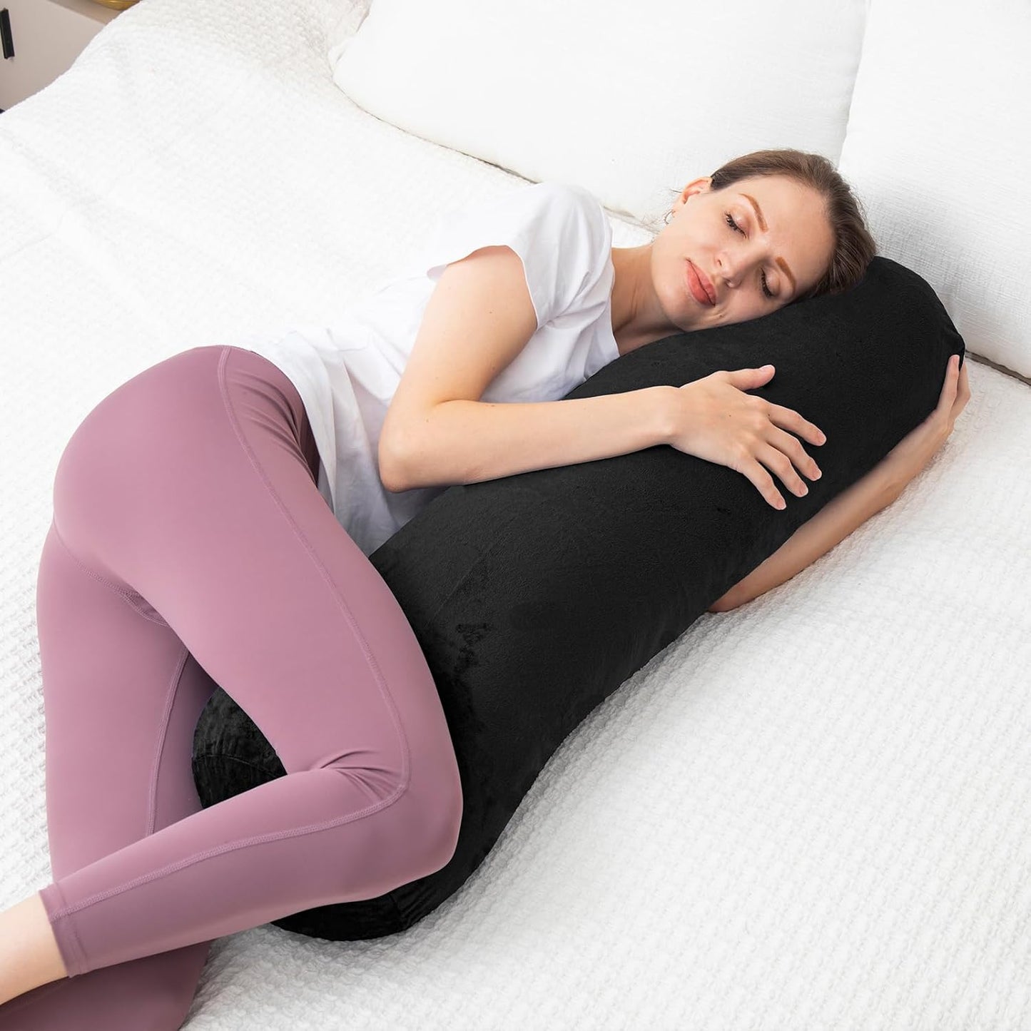 Round Body Pillow for Adults, Long Bolster Pillow for Bed with Removable Velvet Cover, Decorative Tube Roll Cylinder Pillow, 35 x 7.87 Inch, Black