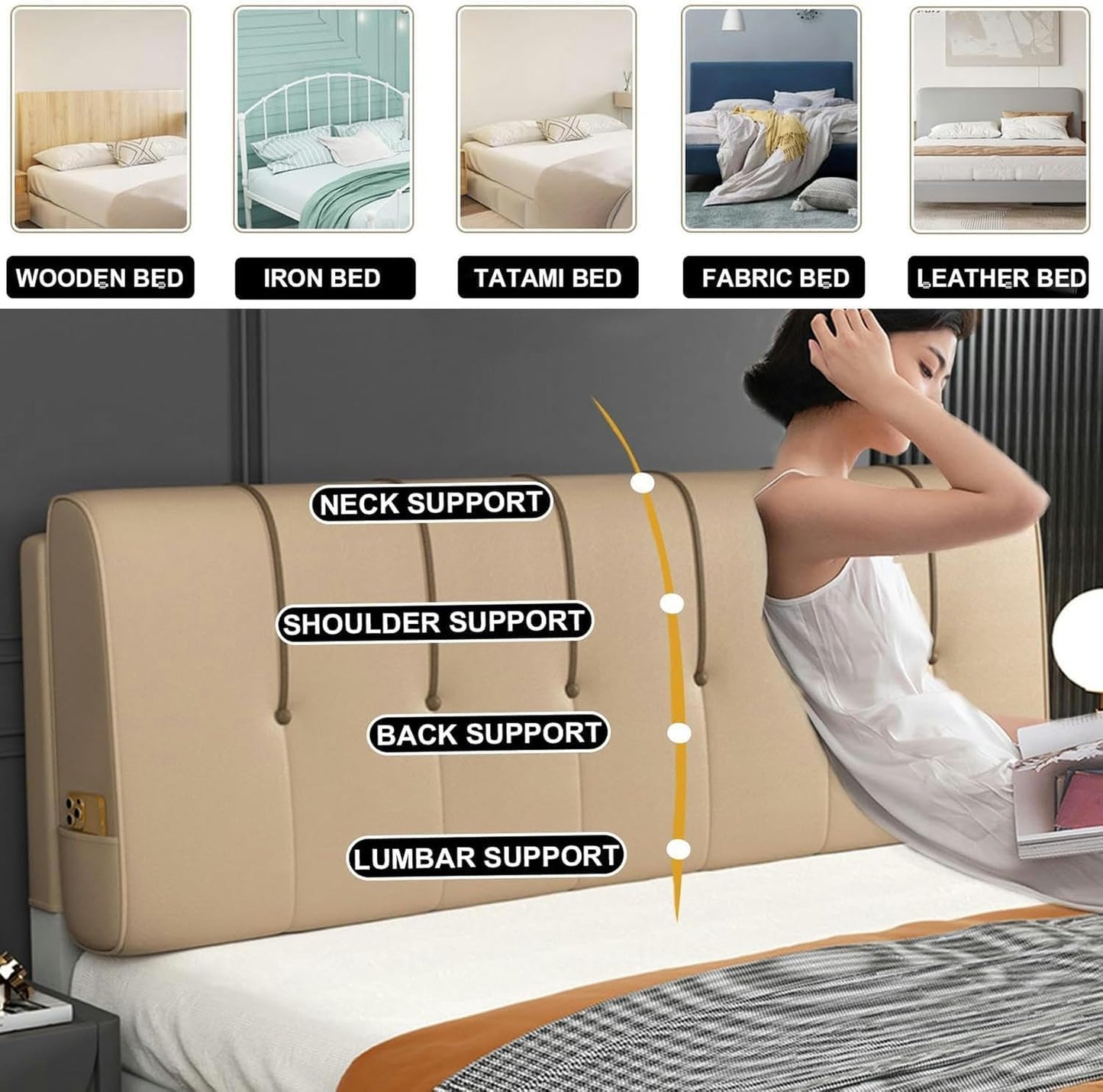AMNOOL Large Upholstered Headboard Cushion Wall Mounted Support Pillowboard Headboard Bed Rest Lumbar Support Backrest Removable Bedroom Tatami Dorm Pillow-1-