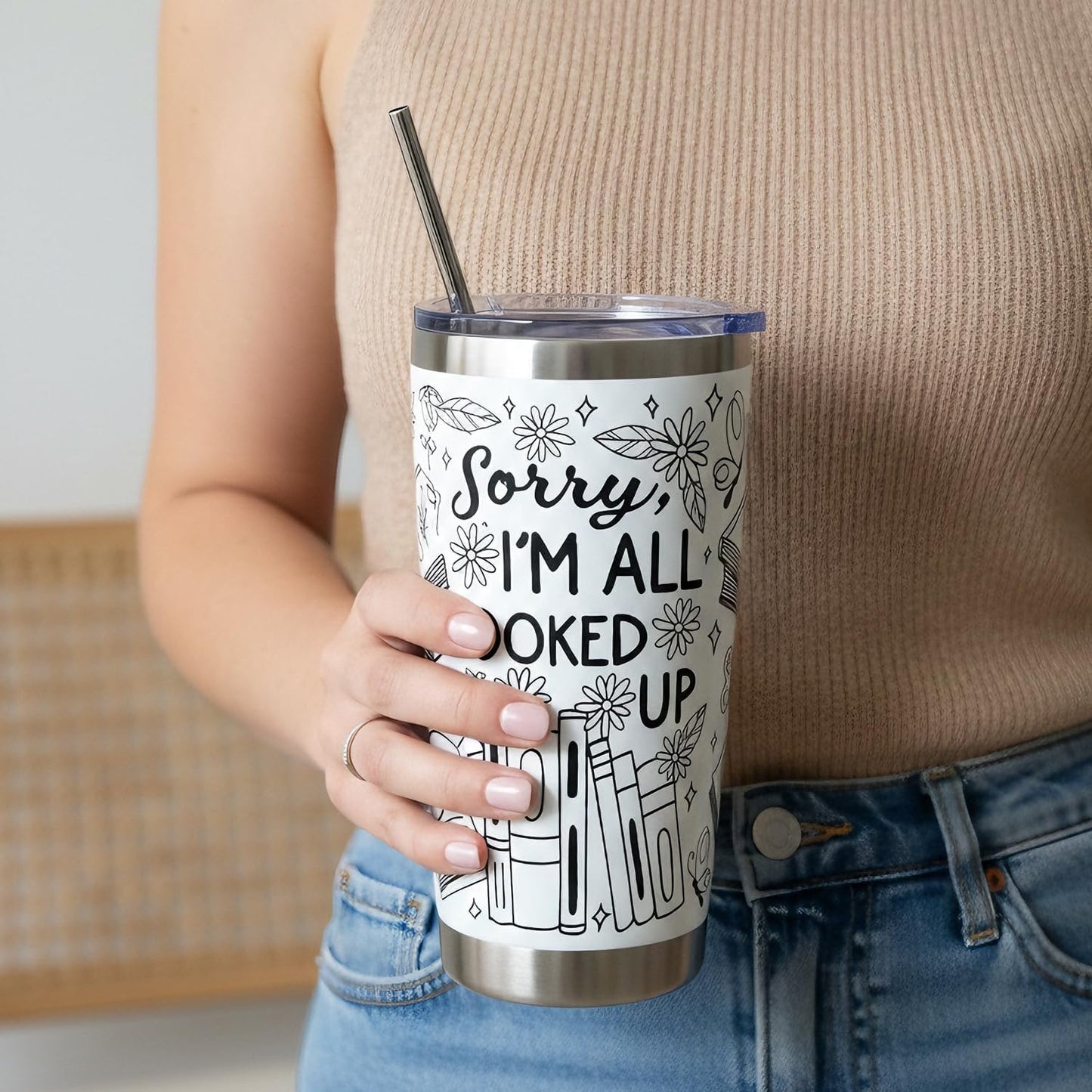 Book Lovers Gifts - Sorry, I'm All Booked Up, 20 oz Insulated Coffee Tumbler Cups, Bookish Gifts for Readers Woman Librarian, Book Club Gifts, Book Themed Present