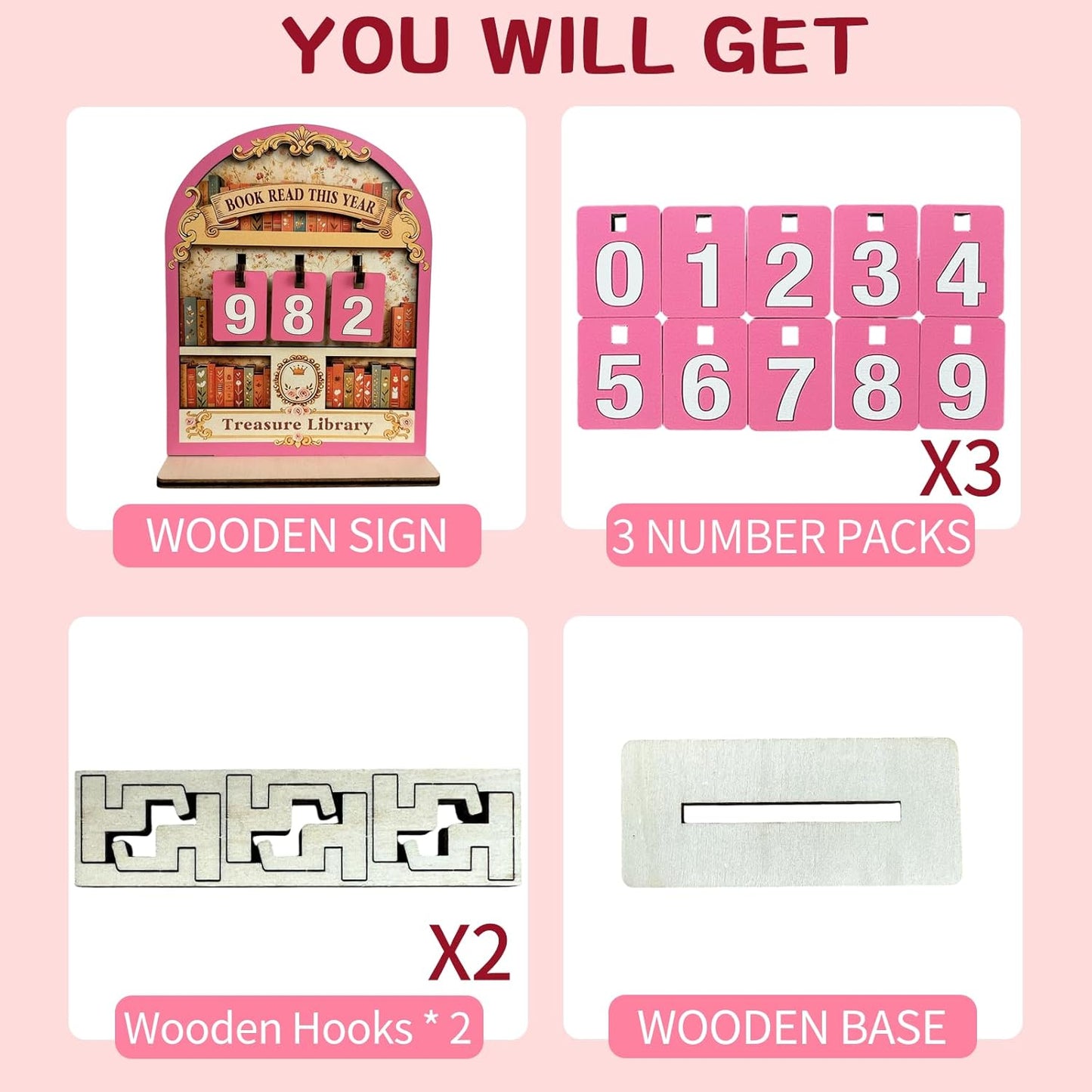 Bookish Reading Tracker Counter Sign, Wooden Books Read This Year Display, Book Lover Gift for Librarian, Reader, Teacher, Women, Wall and Table Decor for Home Library, Teachers, Book Lovers（pink）