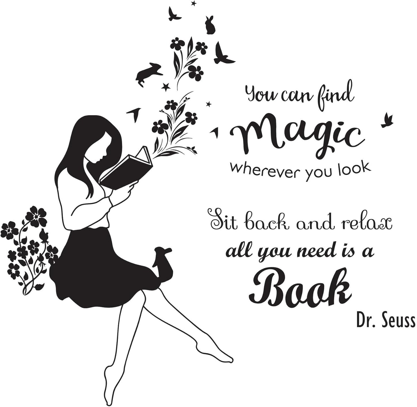 Children Find Magic Wherever You Look Happiness Quote Wall Decal Decoration Book Lover Silhouette Happy Reading Flowers Butterfly Lasts Years and Easily Removable - Size: 20 in(W) x 20 in(H)