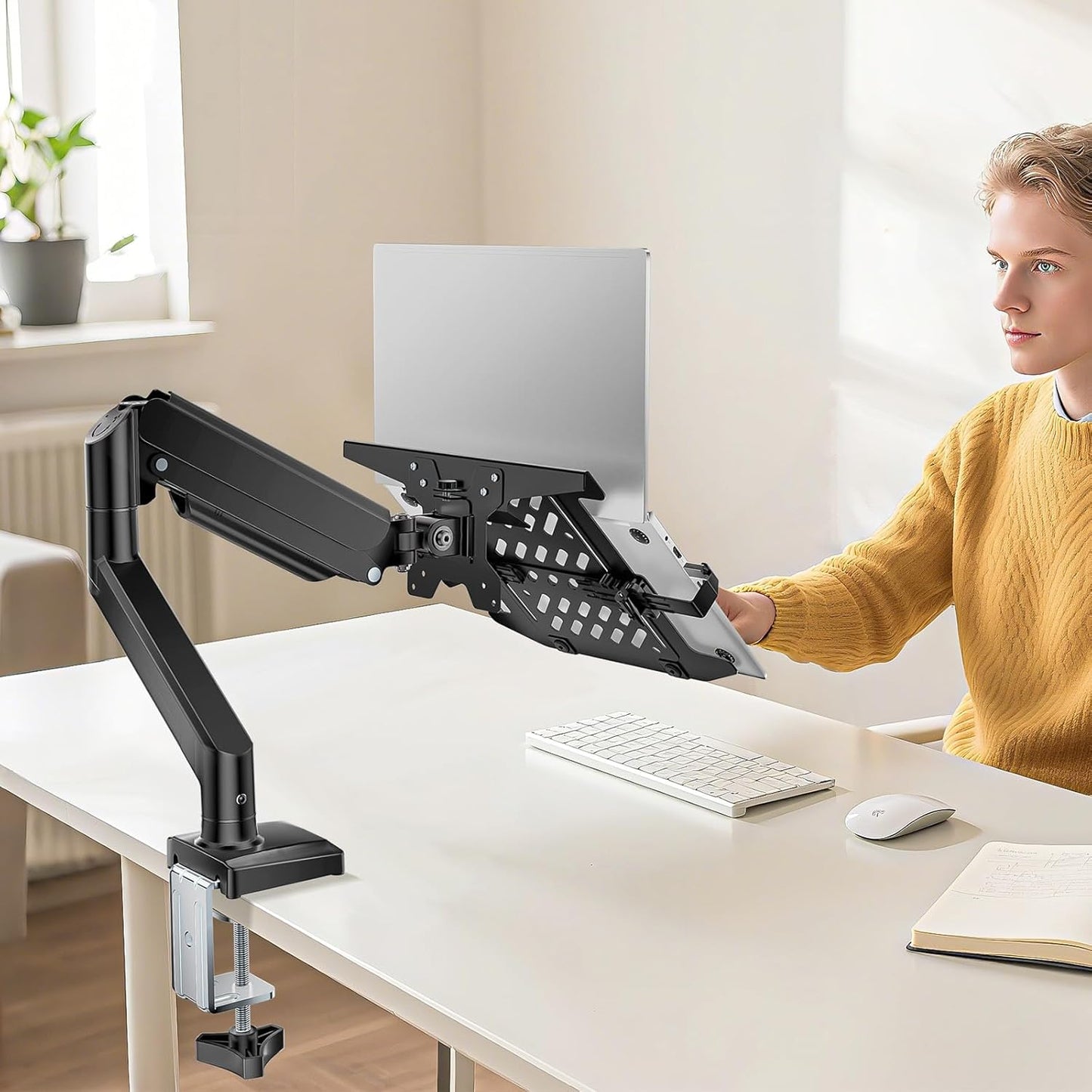 WALI Single Arm Laptop and Monitor Desk Mount for 17" Notebook and Single Screen, 2-in-1 Adjustable Gas Spring Monitor Arm with Laptop Tray, VESA 75x75 100x100,Holds 22-26.4 lbs, Black (GSMP001NLP)