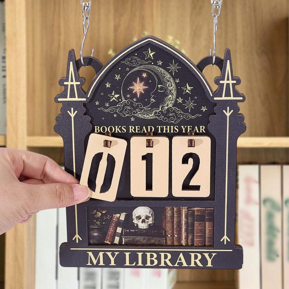 Books Read This Year Counter 7.5 x 5.9 x 0.2 Inch Book Shelf Reading Tracker for Home Library Decoration Moon Skull Design Wooden Counter Sign for Librarian Reader Bookworm Wall Accessories