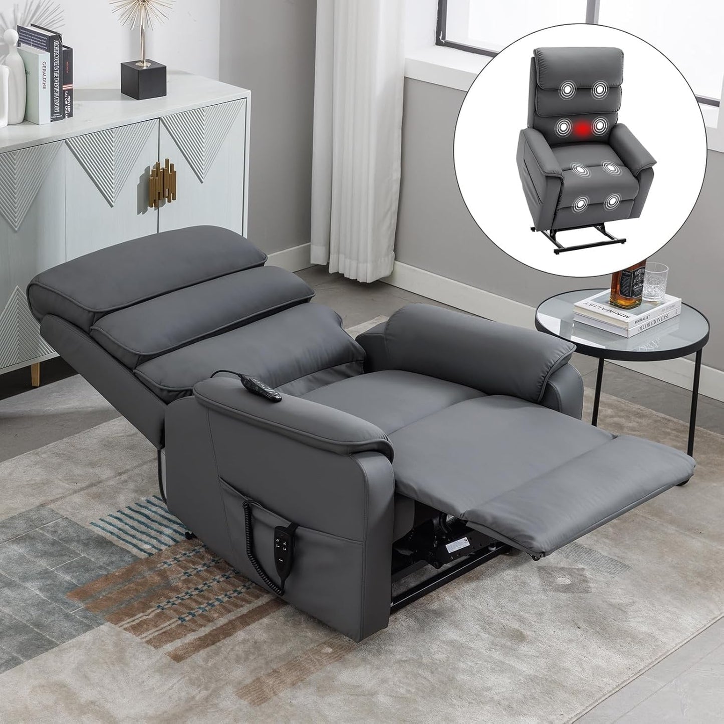 Power Lift Recliner Chair with Dual Motor, Leather Electric Recliner with Heat and Massage, Infinite Position Ergonomic Recliner for Elderly Adults, Living Room Bedroom Chair