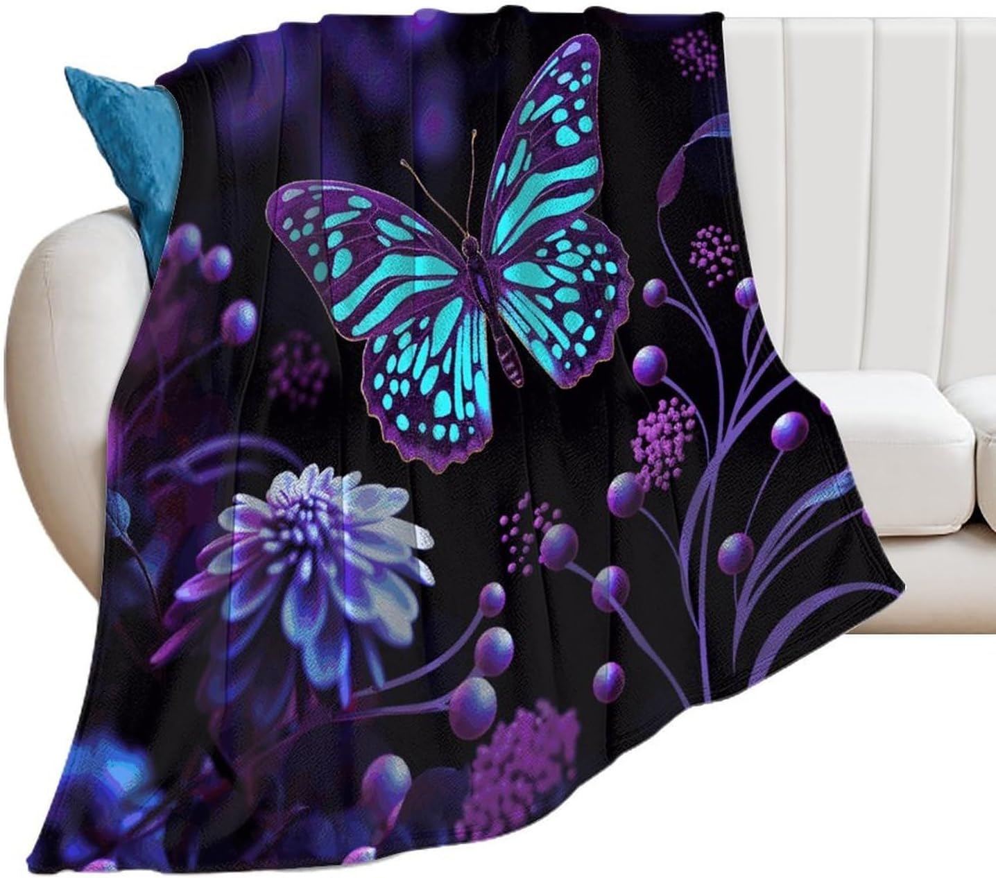 Purple Butterfly And Flowers Blanket Super Soft Lightweight Throw Blanket Cute Cozy Warm Bed Blanket Decorative Fuzzy Blanket All-Season Home Decor Gift for Sofa Couch Living Room 60"*80"（150*200cm）