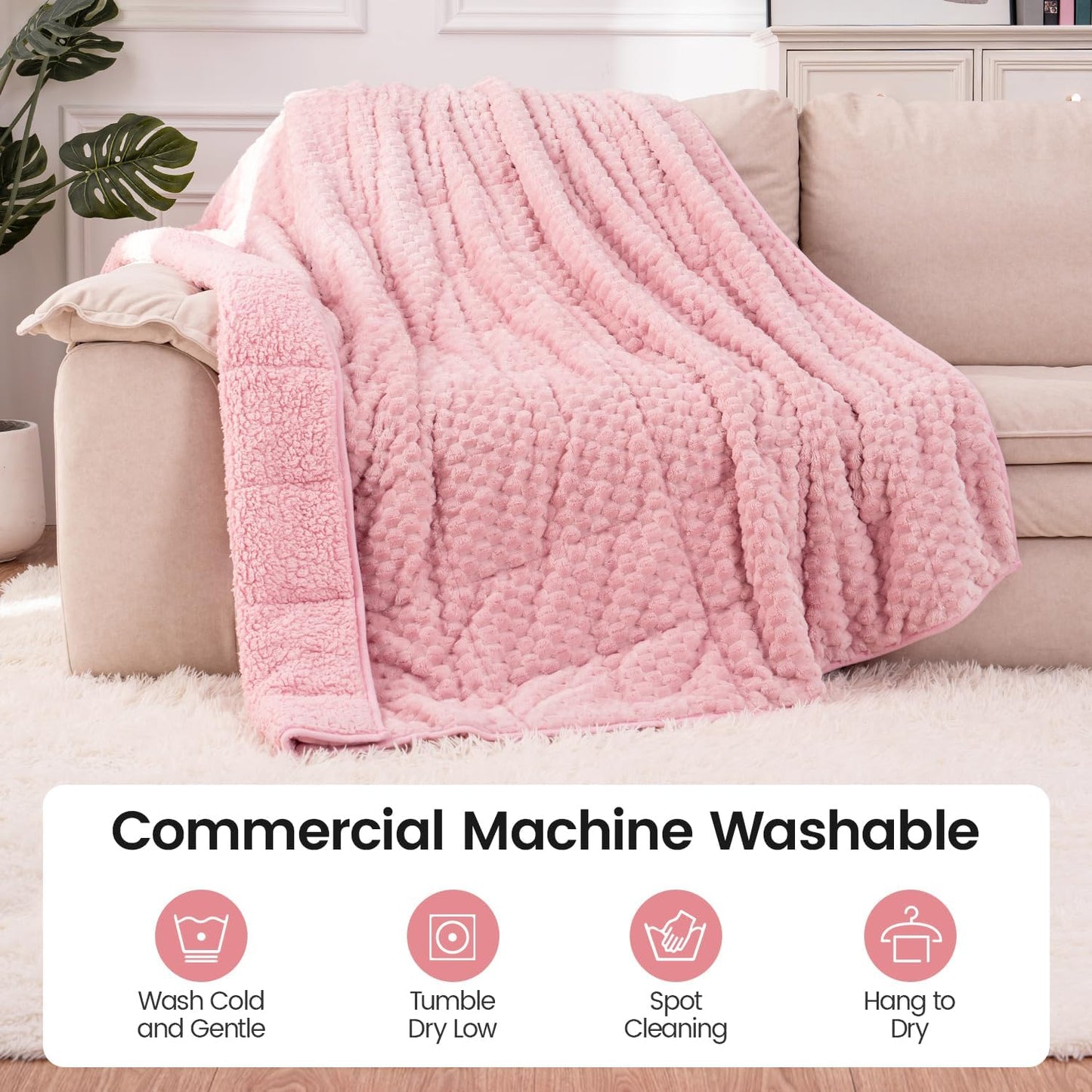 Super Fuzzy Soft Fleece Sherpa Weighted Blanket 15 lbs for Adults, 3D Imitation Turtle Shell Luxury Weighted Throw for Better Sleep, Dual Sided Cozy Heavy Blankets for Couch Bed, Pink, 60" x 80"