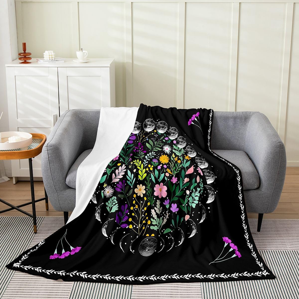Erosebridal Moon Star Blanket Queen Inch Boho Floral Throw Blanket for Women Bohemian Flowers Leaves Starry Sky Fleece Blanket Universe Outer Space Mysterious Black Bedroom Decor Sherpa Blanket