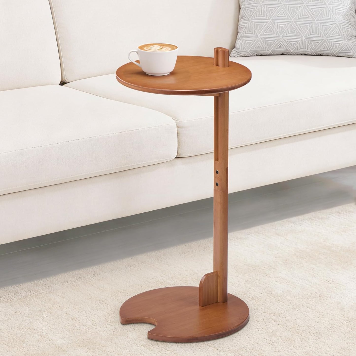 Bamboo C Shaped TV Tray Table, 18-26" Height Adjustable Round Side Table, Slide Under Couch End Table Laptop Desk for Small Spaces Living Room Bedroom (Walnut)