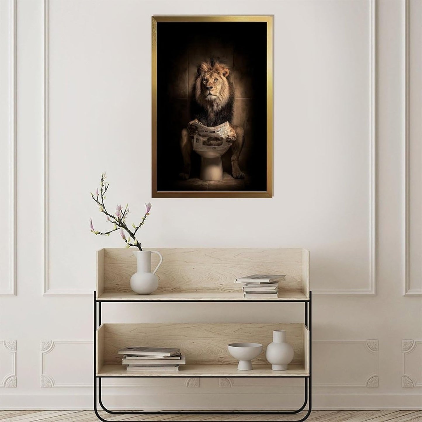 Rucatto An Abstract Art Poster Depicts A Lion Reading A Newspaper in A Toilet. Wall Art Paintings Canvas Wall Decor Home Decor Living Room Decor Aesthetic 12x18inch(30x45cm) Golden-style