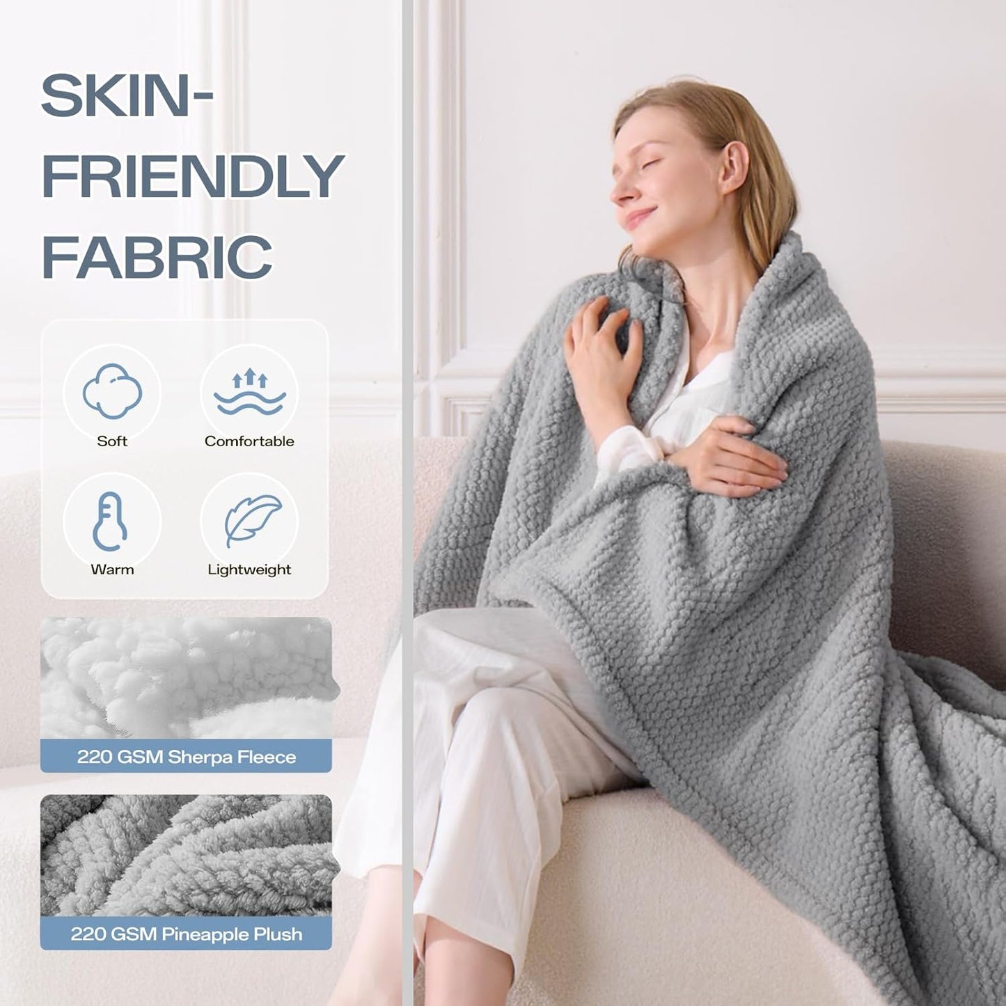 Heated Blanket Electric Throw, 50" x 60" Heated Blanket with 8 Heat Levels & 8 Hours Auto Off, Fast Heating Sherpa Blankets Machine Washable with ETL & FCC Certified, Grey