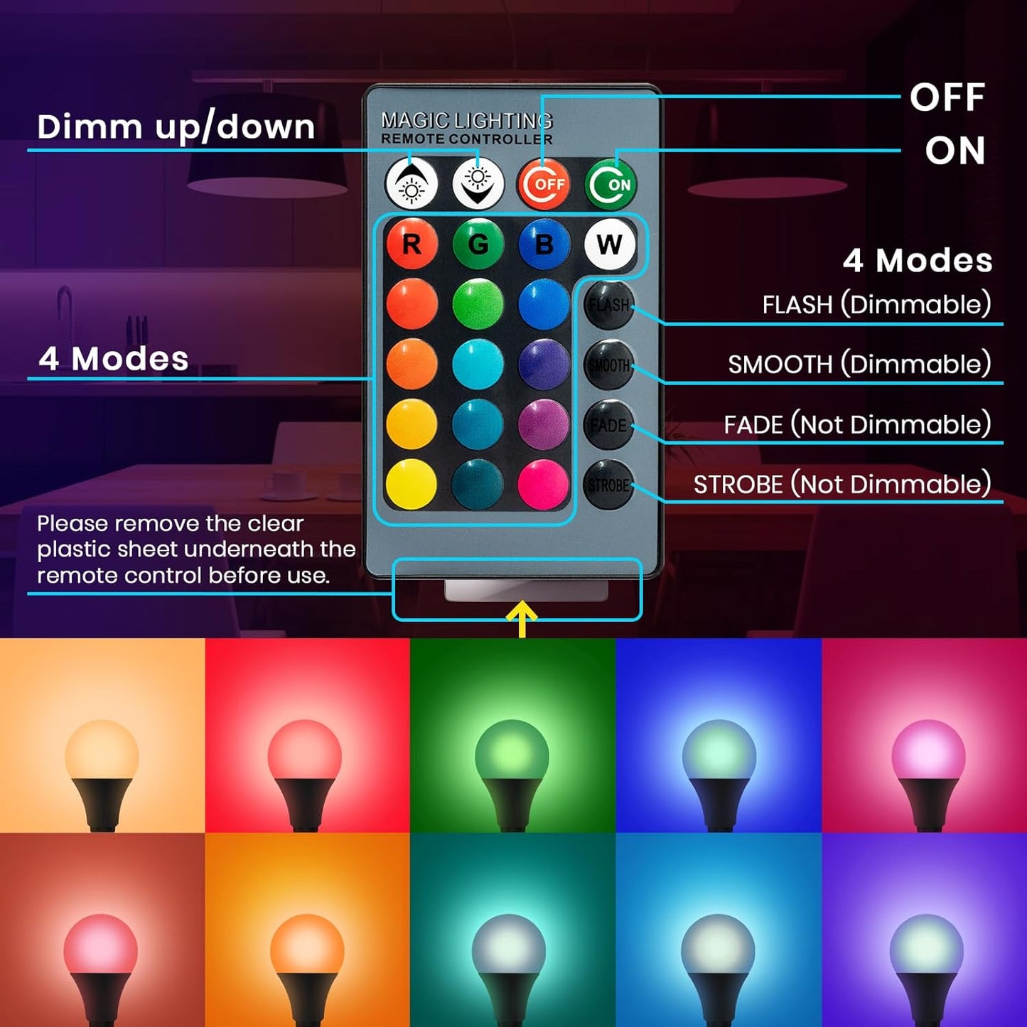 Color Changing Light Bulb, RGB LED Light Bulb, Dimmable A19 5W 6500K, E26 Colored Light Bulbs, Multicolor Light Bulb for Party Bedroom Home, 16 Color Choices - Remote Control