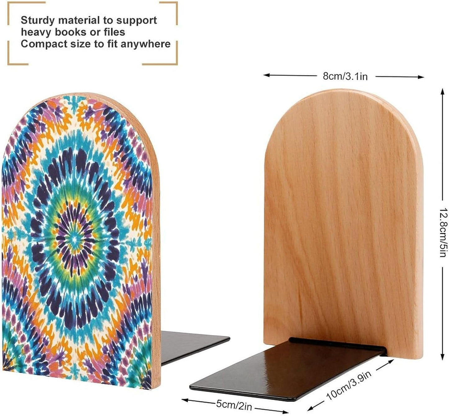 Tie Dye Pattern Bookends 1 Pair Heavy Duty Book Ends for Shelves Non-Skid Bookend Supports Wooden Book Holders with Metal Base Desk Organizers Books Storage to Hold Books