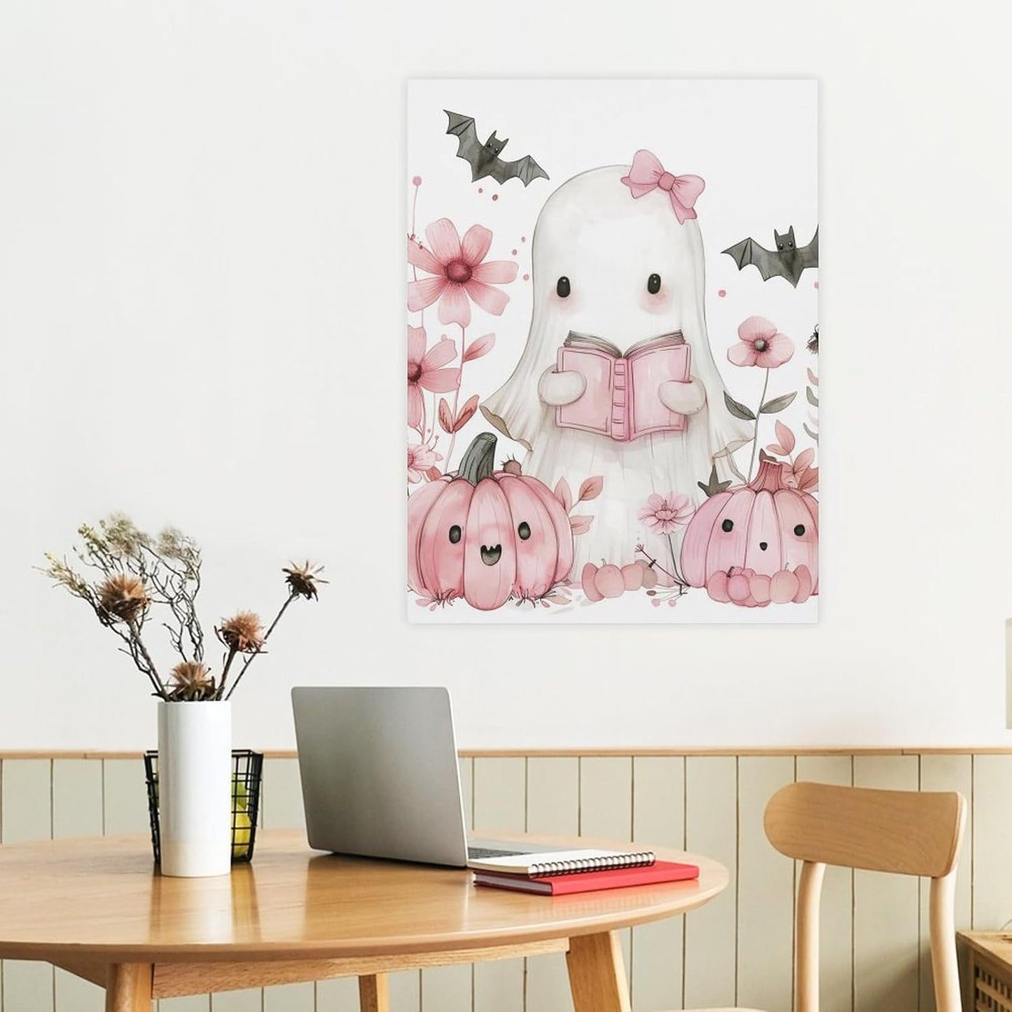 HouLaiZhe Halloween Poster Ghost Reading Pumpkin Canvas Wall Art Prints Halloween Decorations Room Aesthetic Gothic Wall Decor for Living Room Bedroom 18x24inch(45x60cm)