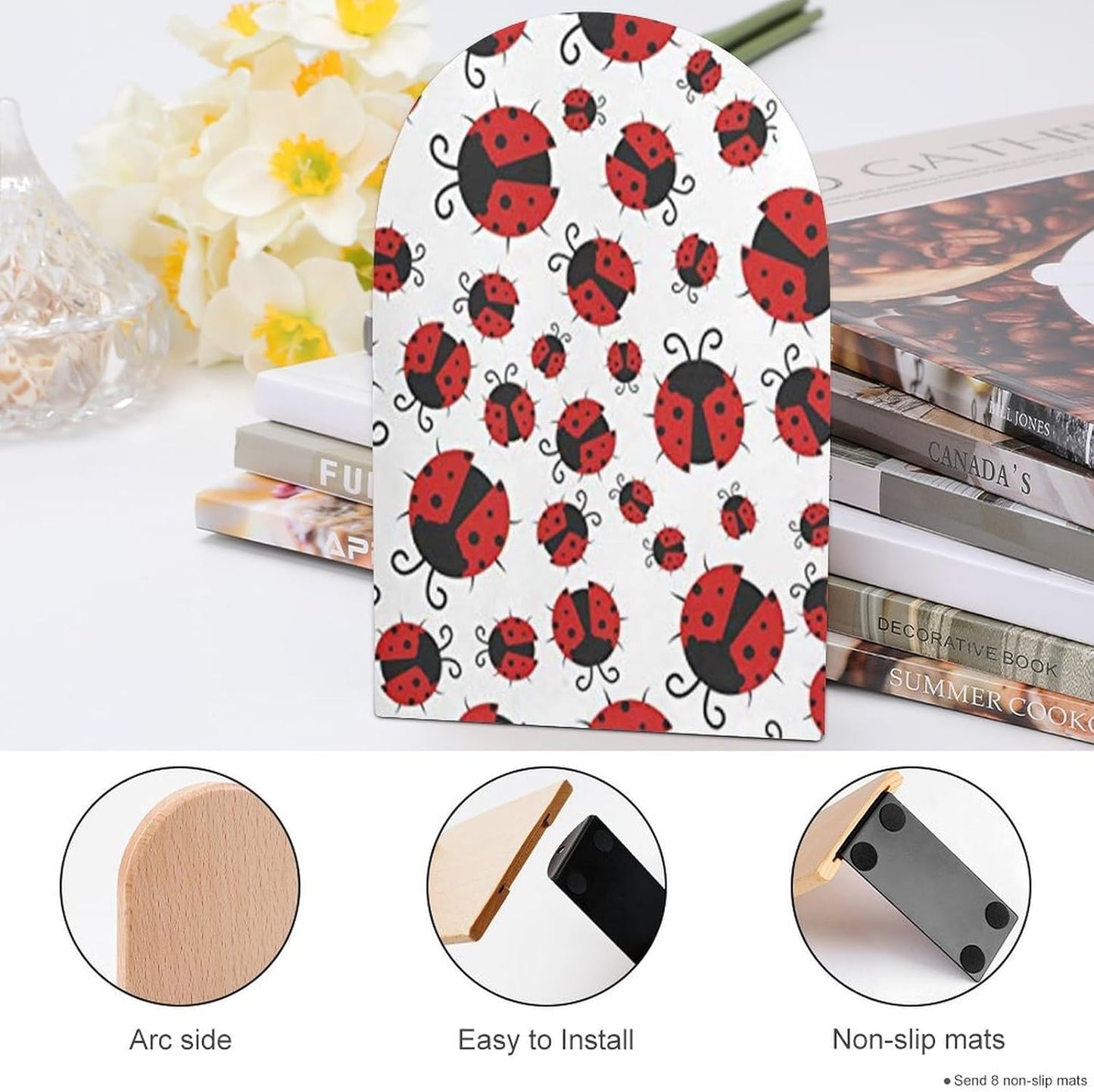 Funny Ladybug Wooden Bookend Non-Slip Book Ends Heavy Duty Book Stopper with Metal Base Books Holderd Decorative Bookends Stands Firmly for Office Supplies