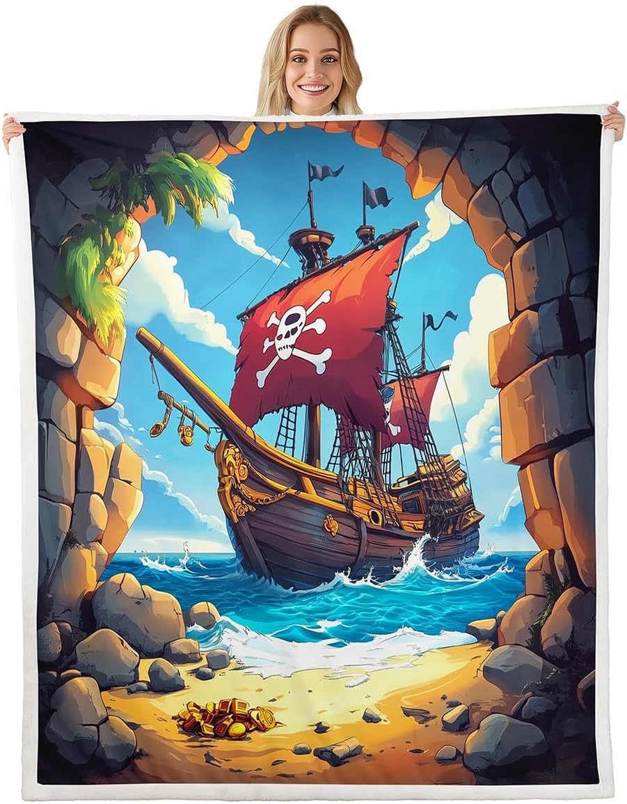 Castle Fairy Pirate Boat Blanket Navigation Treasure Adventure Throw Blanket for Kids Gothic Sugar Skull Sherpa Blanket Warm Lightweight Nautical Throw 50x60 Inch Living Room Decor Blanket