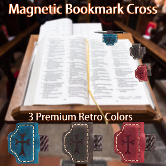 Personalized Leather Magnetic Bookmark Cross Element,Bygone Mark Bookmark with Pen Holder, Magnetic Bookmarks for Bible Study Friends Reader Book Lovers Men Women (Red Crosses, 1PC)