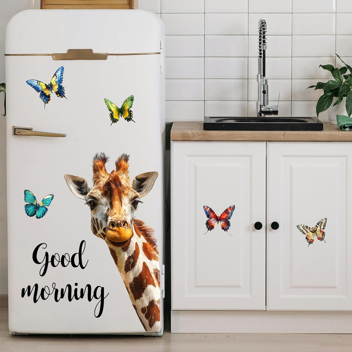 PLIGREAT Cartoon Giraffe Window Clings, Colorful Butterfly Window Stickers Good Morning Giraffe Peel and Stick Windows Decals for Living Room Bedroom School Glass Door Home Decoration