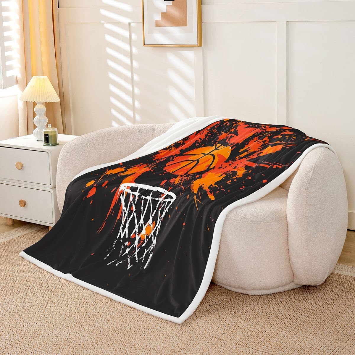 Feelyou Basketball Sherpa Throw Blanket for Couch Sports Super Soft Cozy Fleece Basketball Lover Blanket for Winter, Plush Throw Ball Game Baby 30"x40" Black Orange All Season