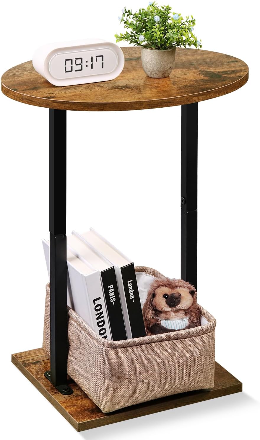 Eufrozy Small Side Table for Small Spaces, 24 inch Wooden Round End Table with Fabric Basket, Wood Accent Table for Couch Sofa Drink Sidetable Living Room Bedroom Rustic