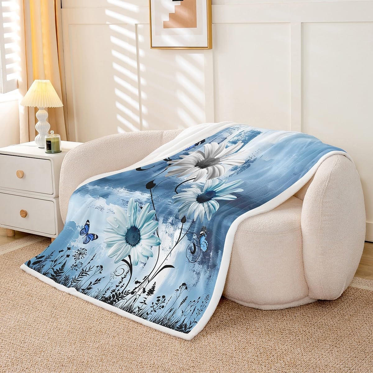 Rustic Floral Fleece Blanket,Farm Daisy Flowers Butterfly Country Throw Blanket for Adult Man,Blue Abstract Art Graffiti Lightweight Polyester Sherpa Blanket for Sofa, Queen (90 x 90 Inch)