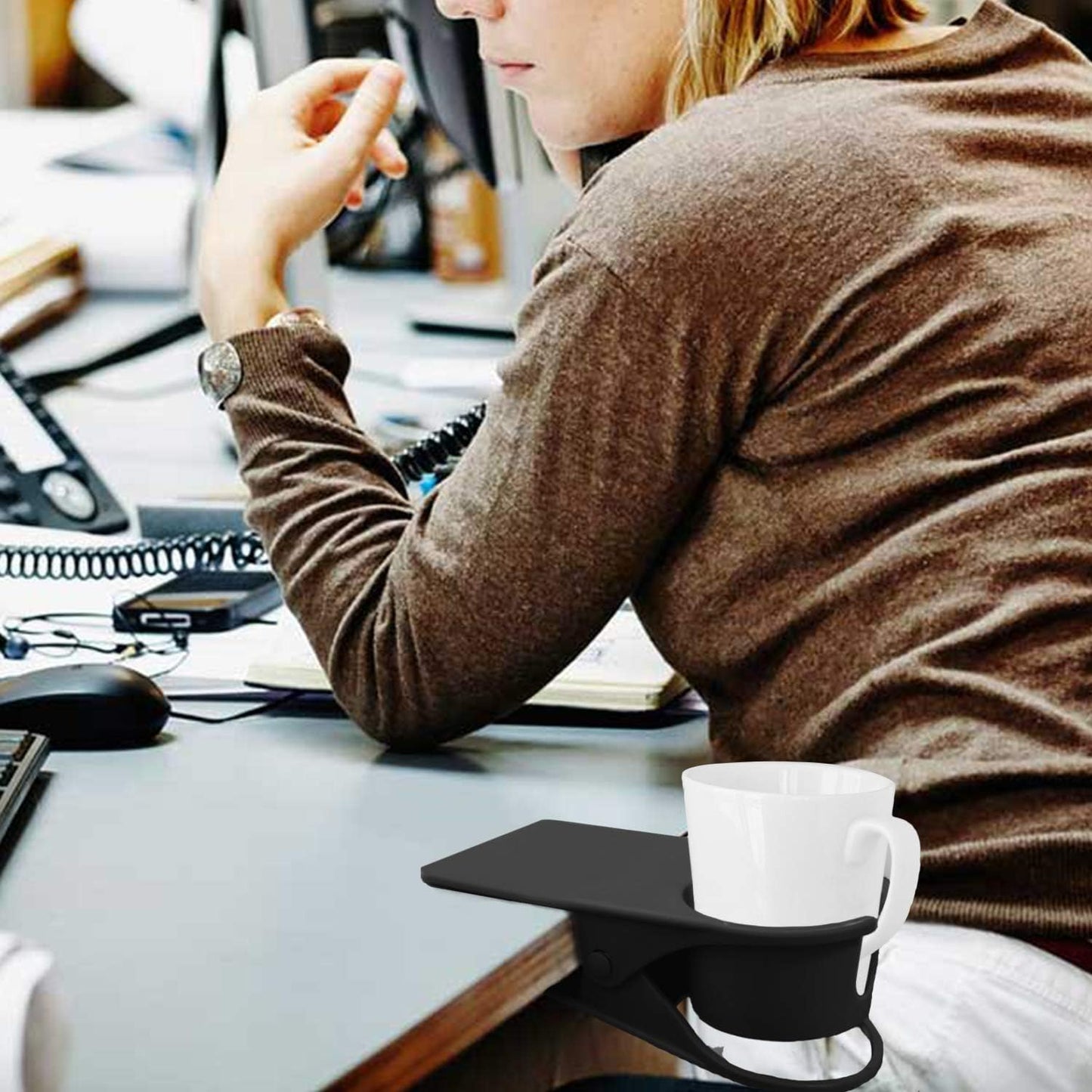 Dirza Upgraded Clip On Cup Holder for Office Chair Table Desk Side to Hold Coffee Mug Water Soda Tea Drinking Bottle Black