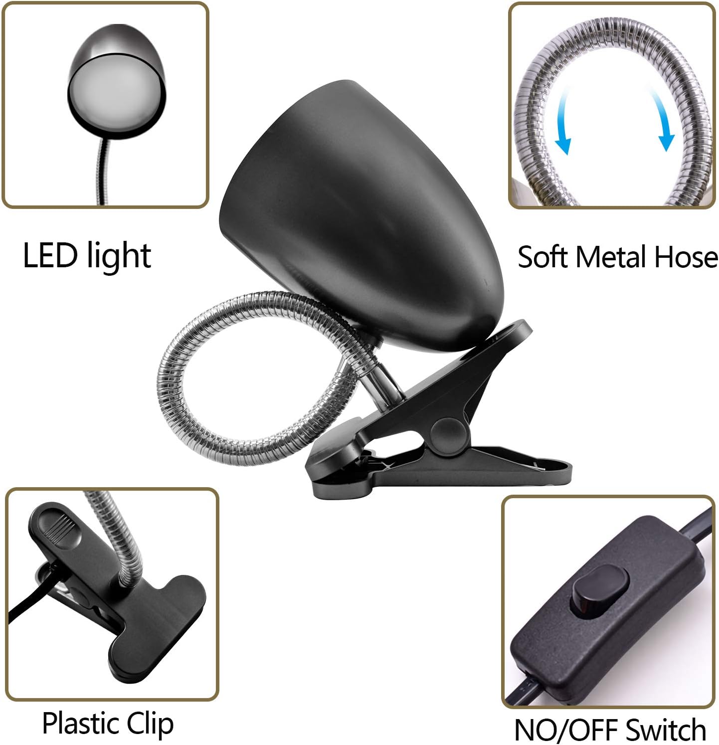 Clip on Light for Bed, Non-Dimmable Clip on Reading Light for Bed, 4000K Cool White, 3.5W 240 LM Desk lamp with clamp, Eye Protection, ETL Listed, Black