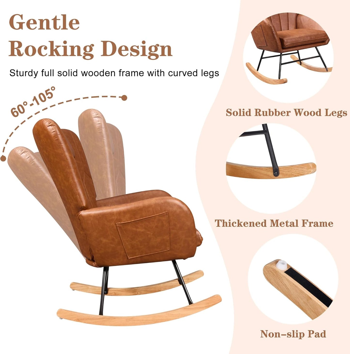 Nursery Rocking Glider Chair — PU Upholstered, Thick Headrest, High Backrest, Side Pocket, Brown