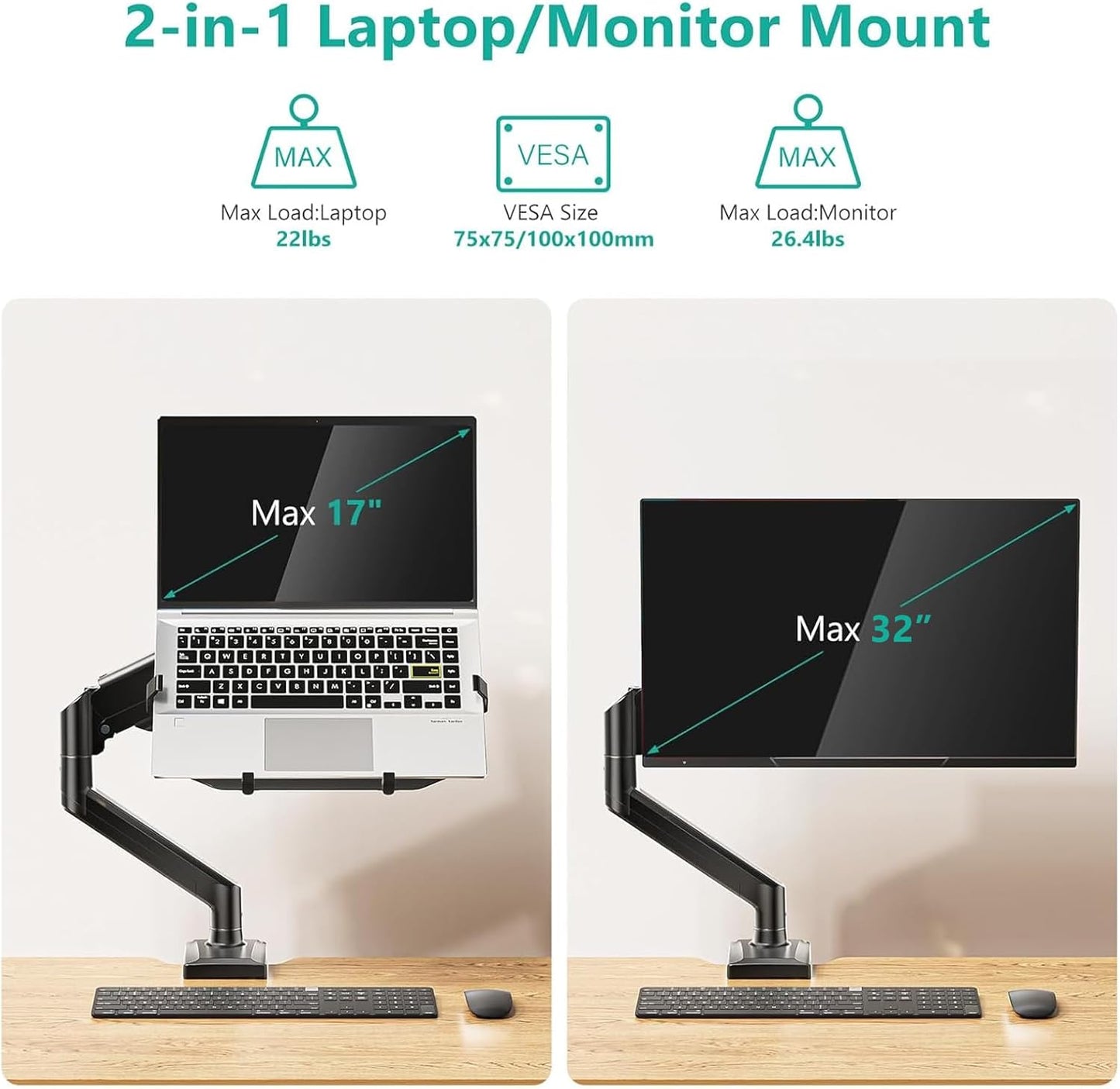 WALI Single Arm Laptop and Monitor Desk Mount for 17" Notebook and Single Screen, 2-in-1 Adjustable Gas Spring Monitor Arm with Laptop Tray, VESA 75x75 100x100,Holds 22-26.4 lbs, Black (GSMP001NLP)