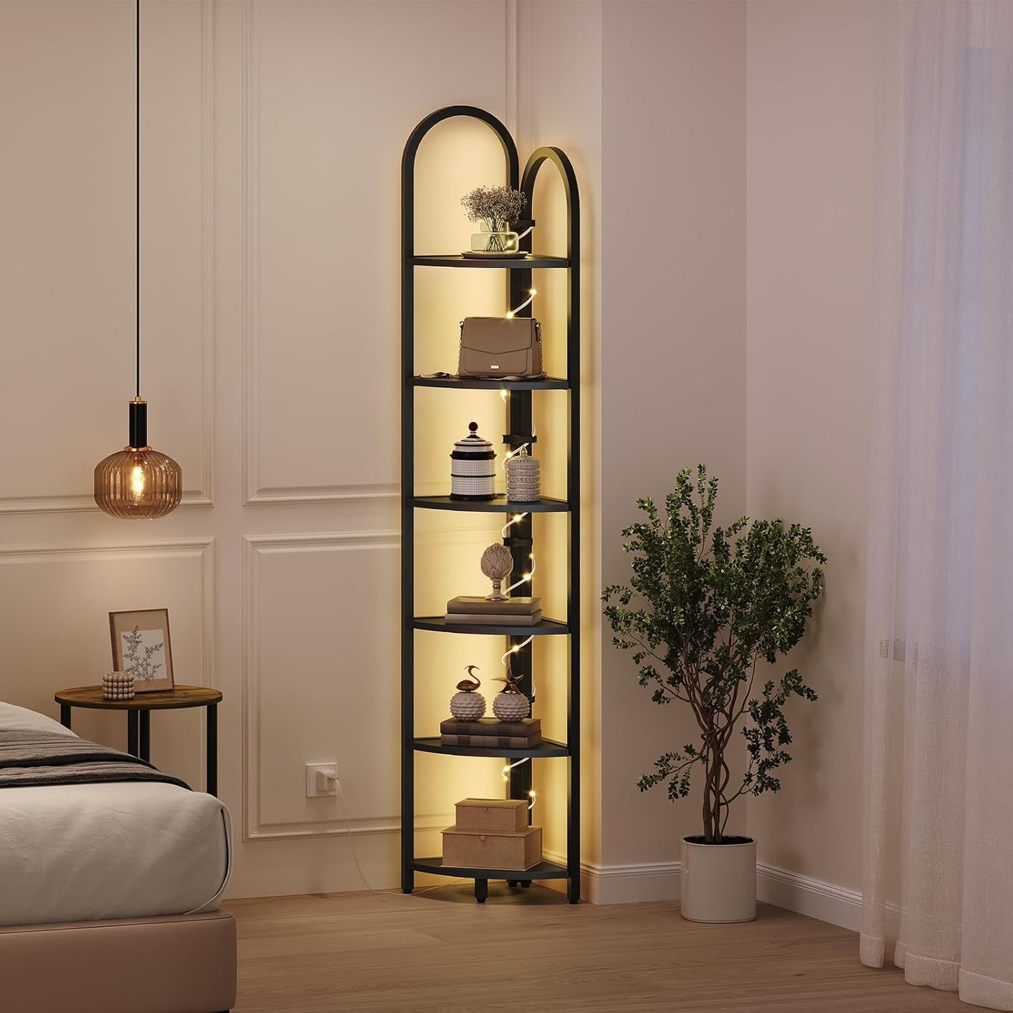 6 Tier Corner Shelf with LED Light, 74.6'' Tall Corner Bookshelf Stand, Narrow Display Bookcase with Storage Rack for Wall Corner, Living Room, Bedroom, Small Spaces, Black CSBK66101