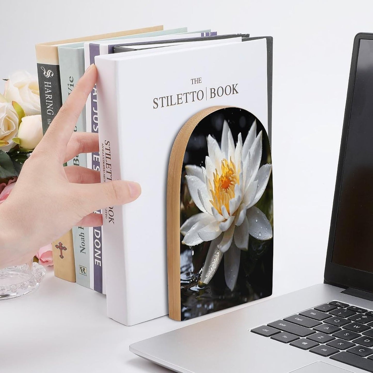 White Lotus Bookend for Shelves Wooden Book End Large Size Sturdy Book Holders Stoppers with Metal Base for Bookshelves Slick Decorative Bookends Stands