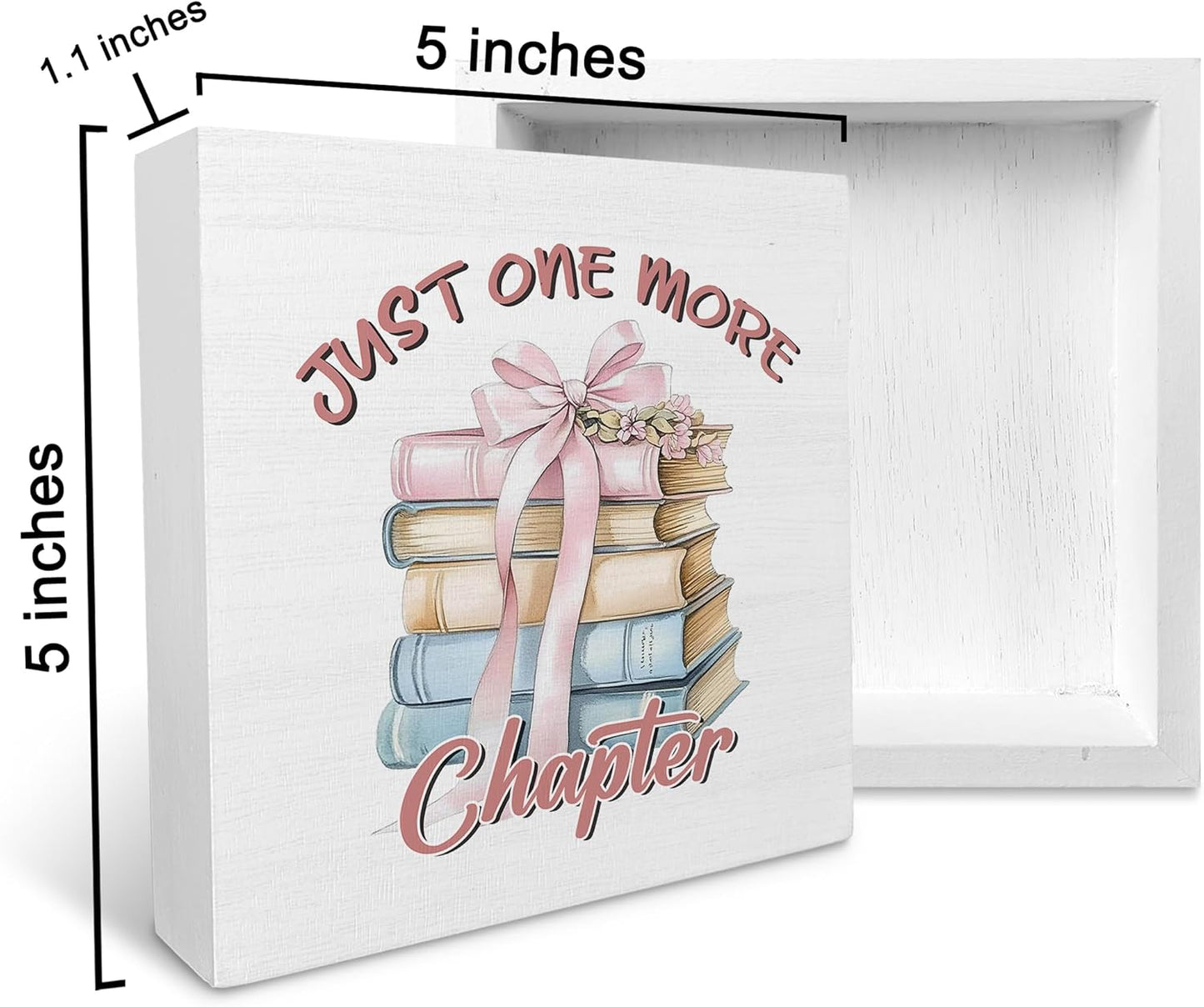 Ku-Dayi Reading Book Wooden Box Sign, Just One More Chapter Wood Box Decorations for Kids Reading Room, Preppy Bow Bookish Wooden Block Plaque Desk Shelf Decor for Library Classroom Nursery, 5x5