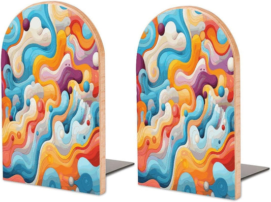 Non-Slip Bookend for Shelves Cartoon Lines Wooden Bookends with Metal Base Decorative Book Stopper for Home Heavy Duty Wood Book Storage for Books/CDs