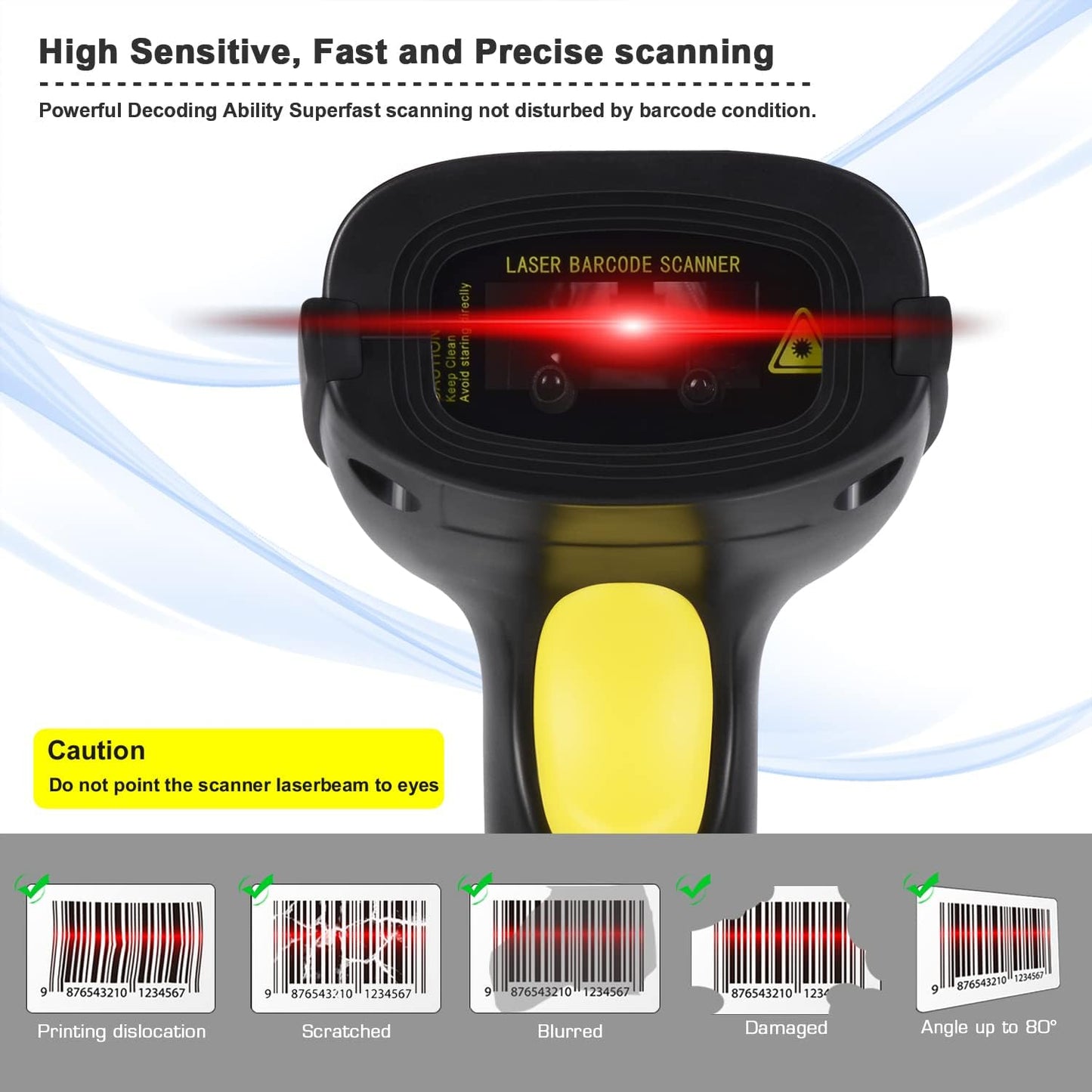 WoneNice Barcode Scanner USB 1D Laser Wired Handheld Bar Code Scanner Reader with Stand, Black