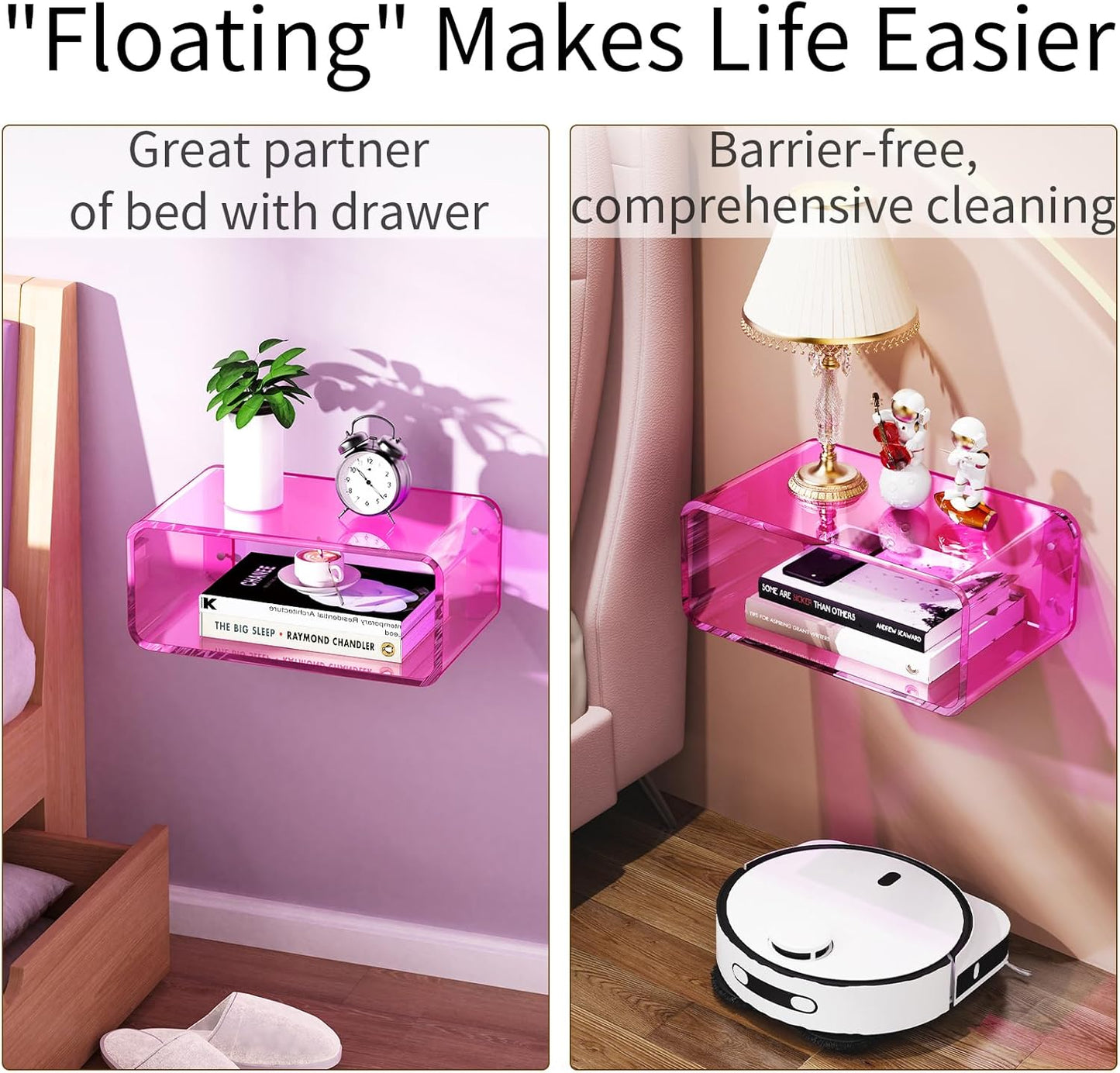 Acrylic Floating Nightstand, Bedside Table, Nightstand Shelf Wall Mounted Bedside Shelf (Pink, Small)